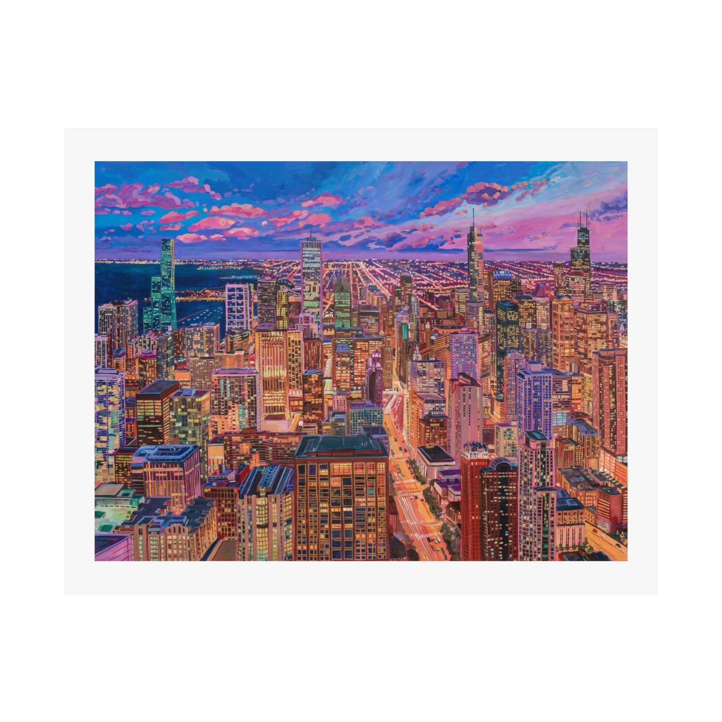 Night skyline Chicago—Matte Horizontal Fine Art Poster Reproductions