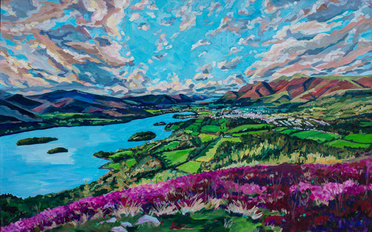 vibrant impressionist landscape painting "Derwent Water lake and town of Keswick, Cumbria—UK" showing Birdseye view of large lake with rolling farmland a small village in the distance and some gentle mountains below a dramatic cloudy sky.