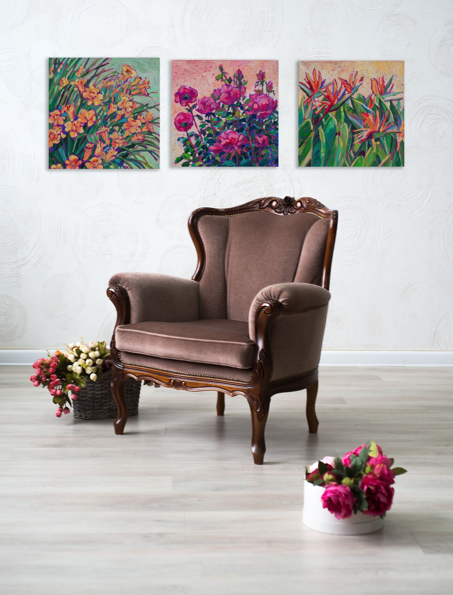 three floral paintings with chair