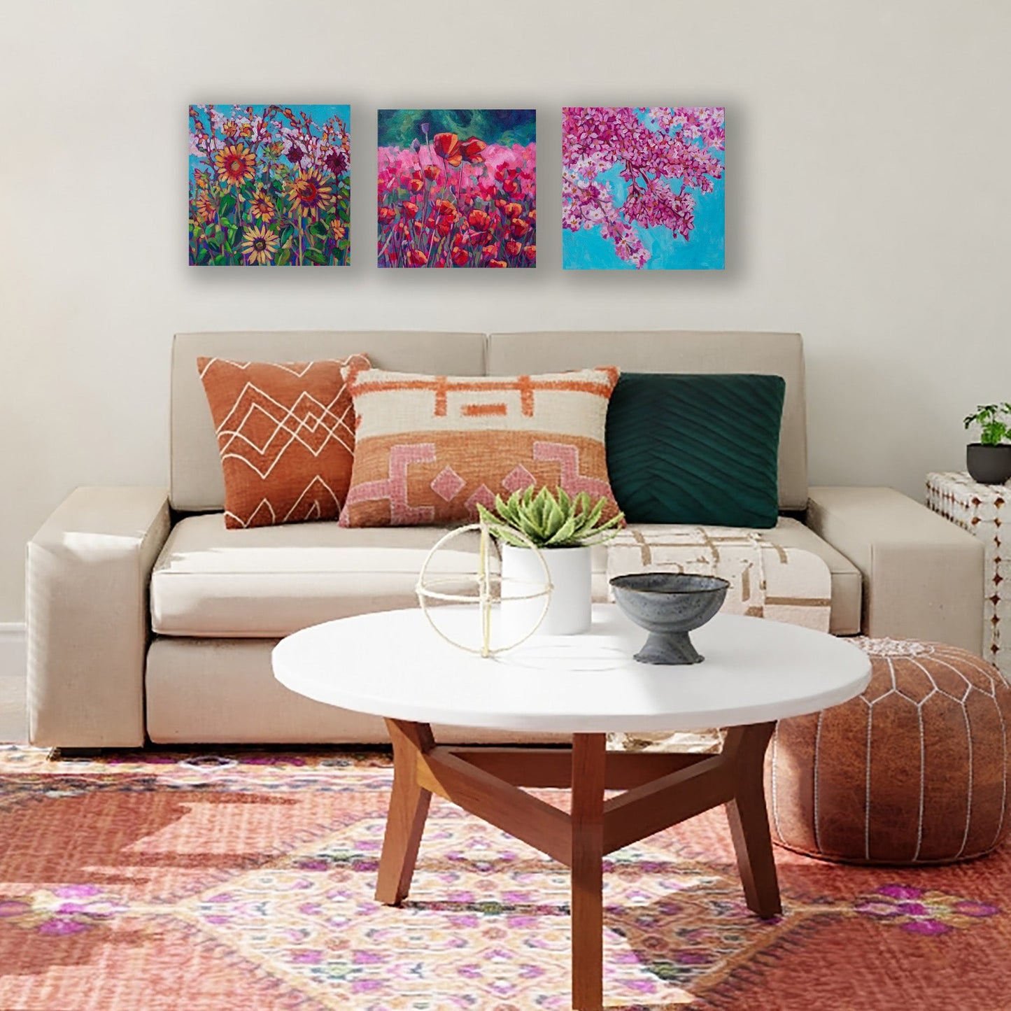 3 flower paintings in living room