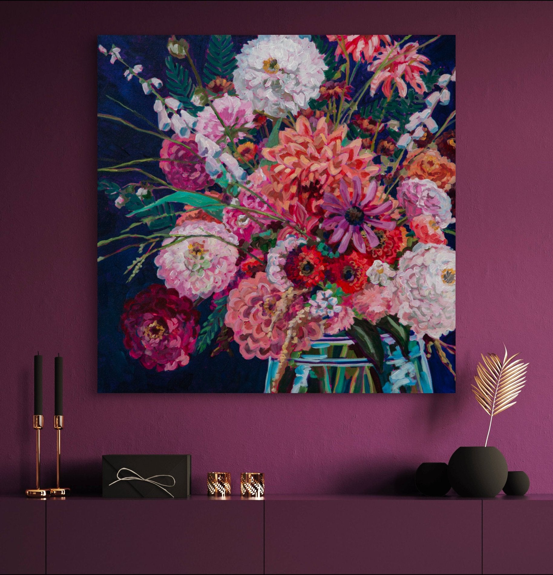 Autumn floral arrangement expressive modern impressionist painting in a plum color room above shelf with modern decor