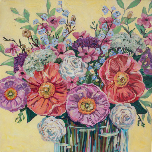 Colorful bouquet of flowers in a vase on a yellow background impressionist modern floral still life.