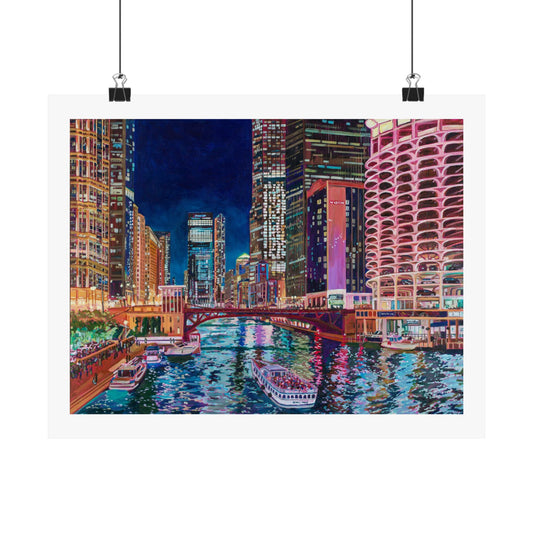 The Chicago River at Night—Matte Horizontal Fine Art Poster Reproductions