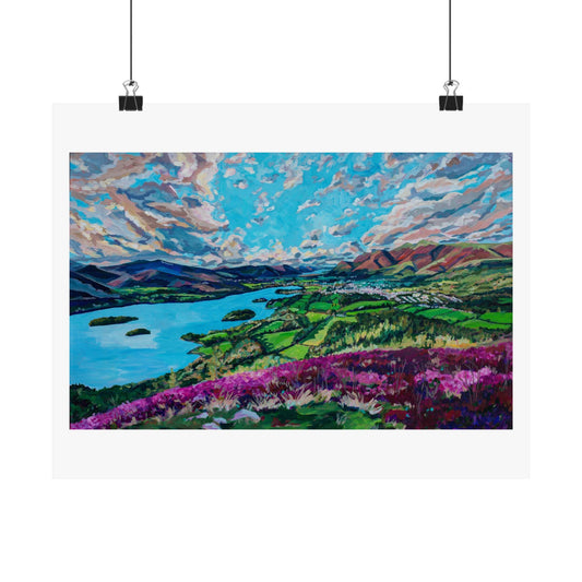 Derwent Water lake and town of Keswick, Cumbria—UK —Matte Horizontal Poster Reproduction