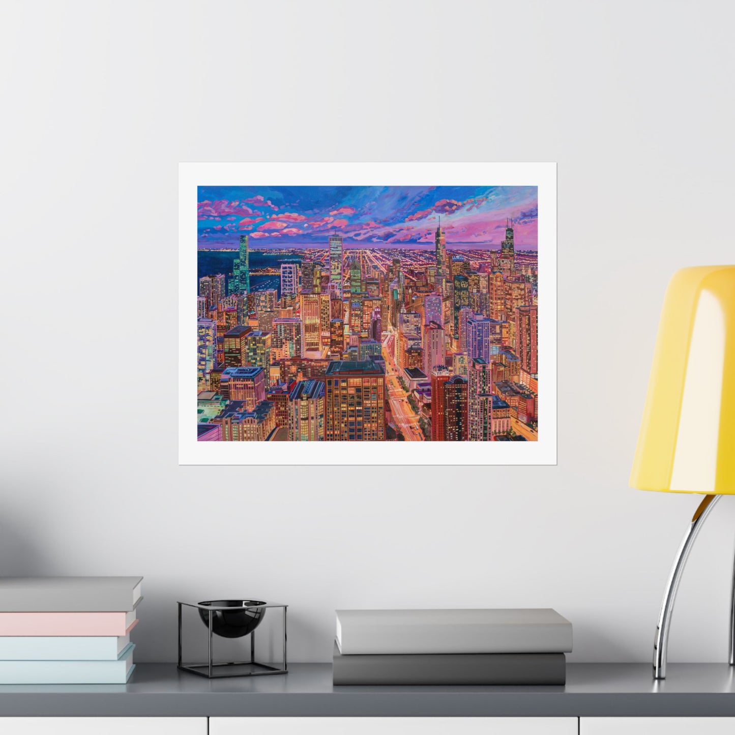 Night skyline Chicago—Matte Horizontal Fine Art Poster Reproductions