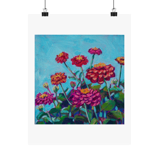 Happy Zinnias floral— Matte Paper Poster Reproduction