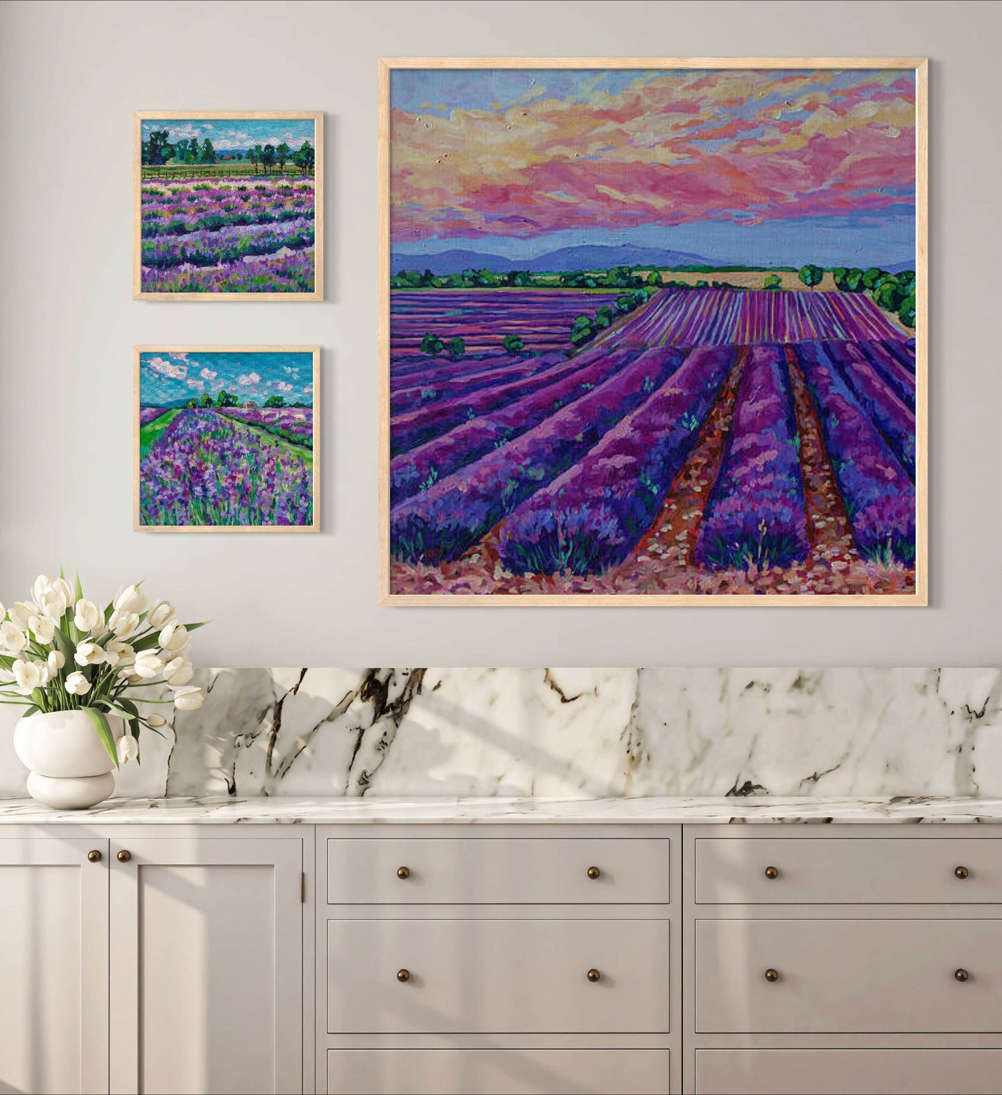 Sunset over the Lavender field original painting