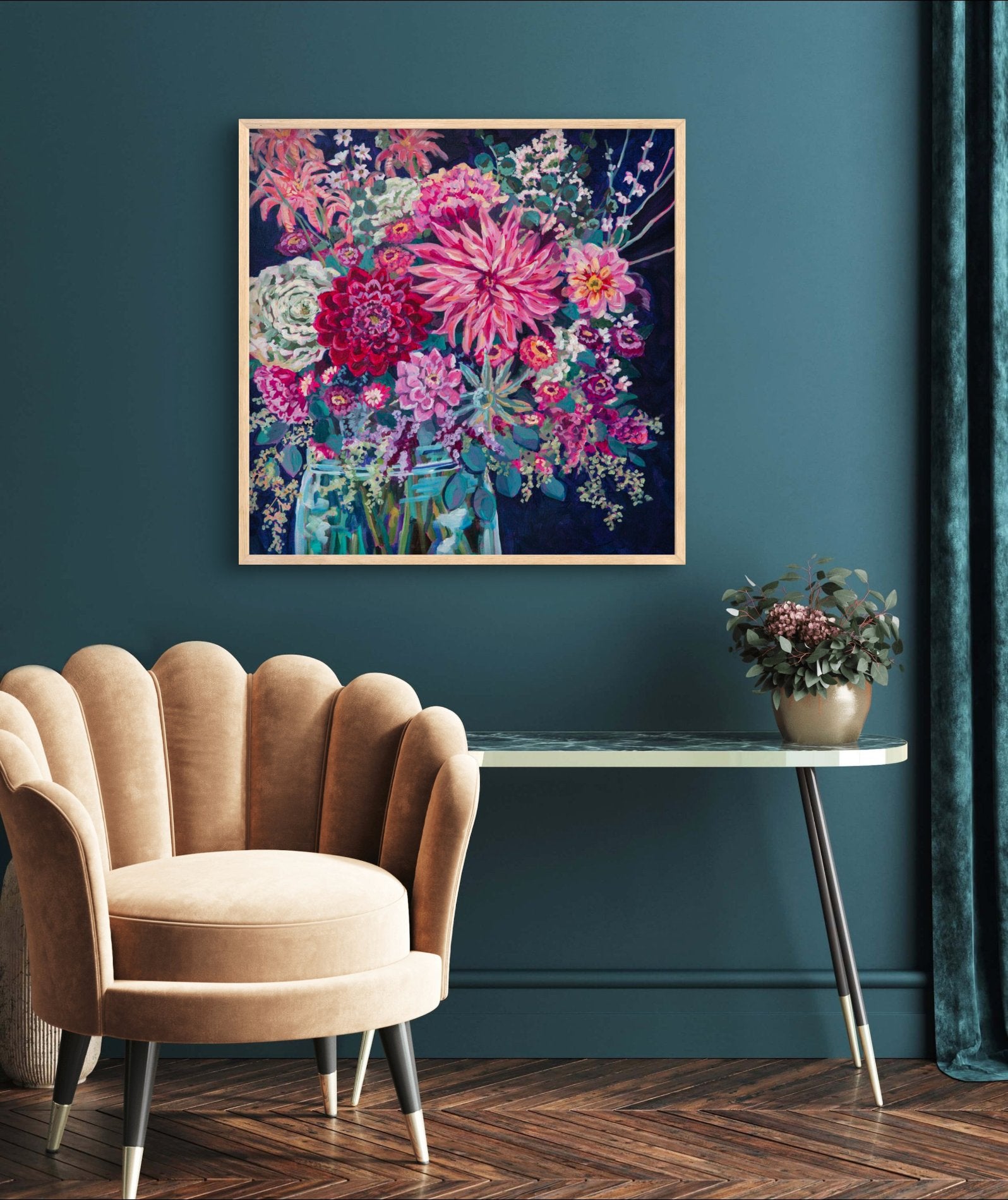 corner of room with unique chair and side table, teal wall with perfectly matching flower arrangement painting that is cheerful and vibrant.