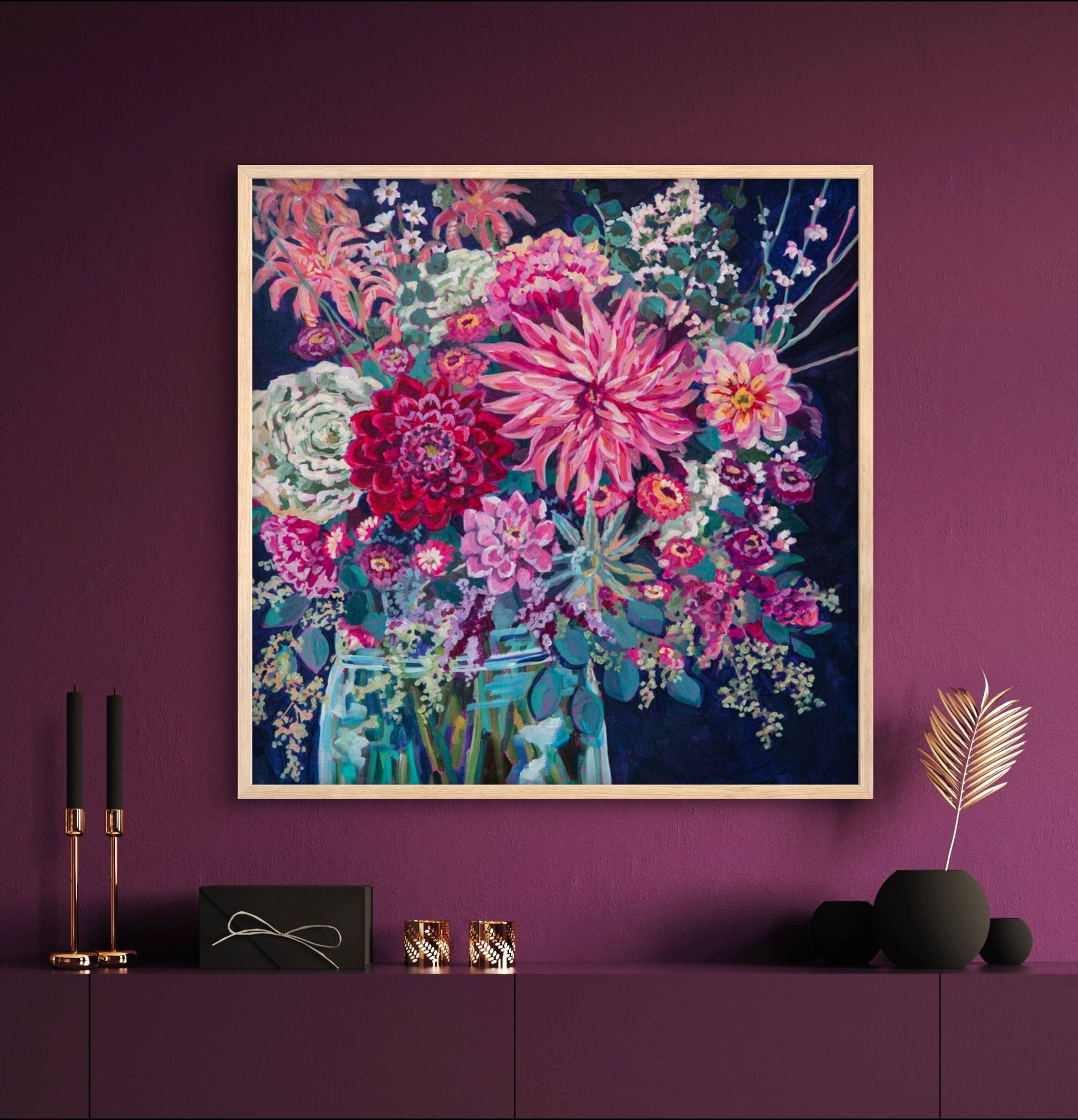 modern floral acrylic on canvas impressionist painting with dramatic navy background on wall of wine colored room with shelves and minimal decor.