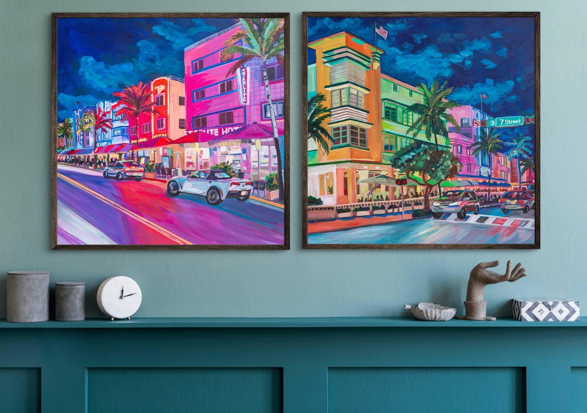 Two night scenes of South Beach Ocean Ave Miami, art deco hotels in vibrant colors