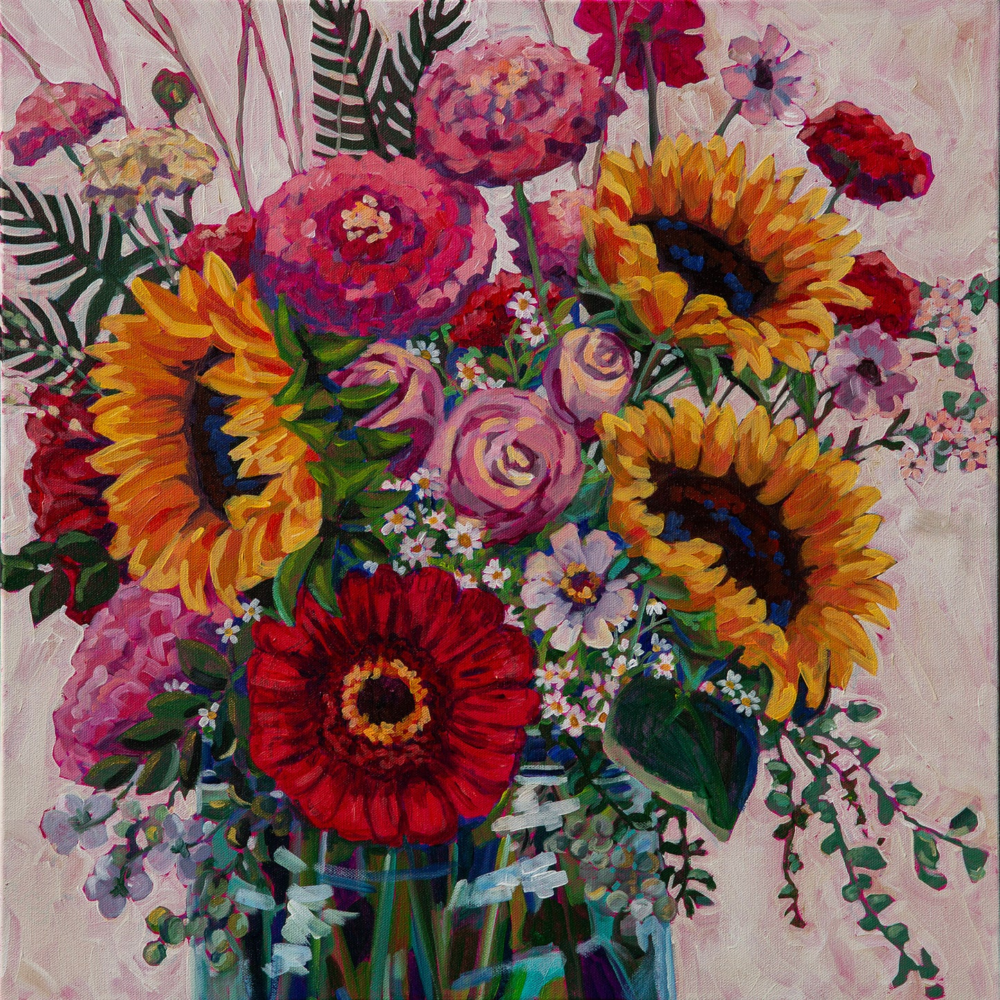 Vibrant cheerful dynamic floral arrangement, modern still life, flowers in glass vase, sunflowers, pink roses, pink and red zinnias, ferns, red dahlias and small daisies.