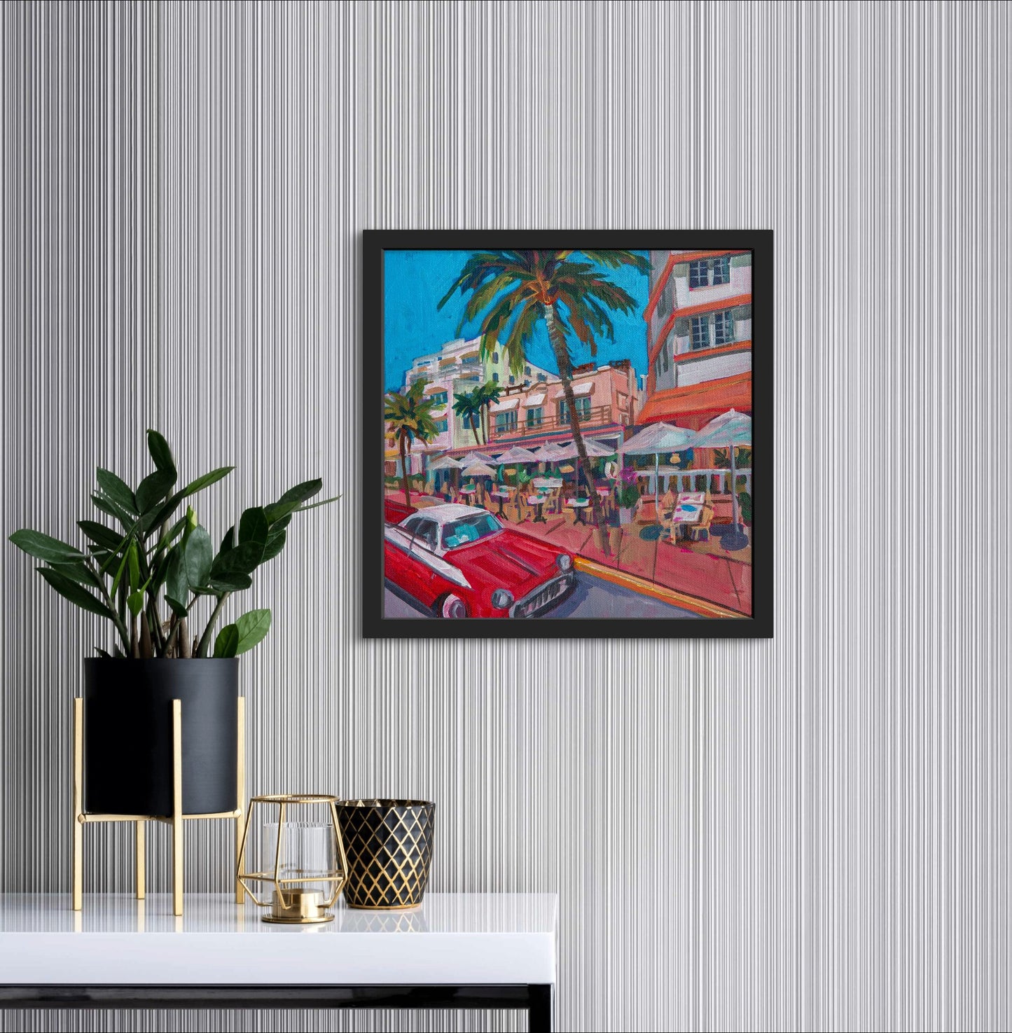 Iconic south breach Miami street scene on wall near shelf with modern decor.