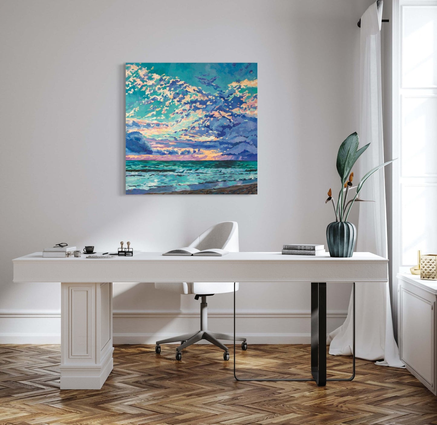 beach sunset scene in neutral office setting