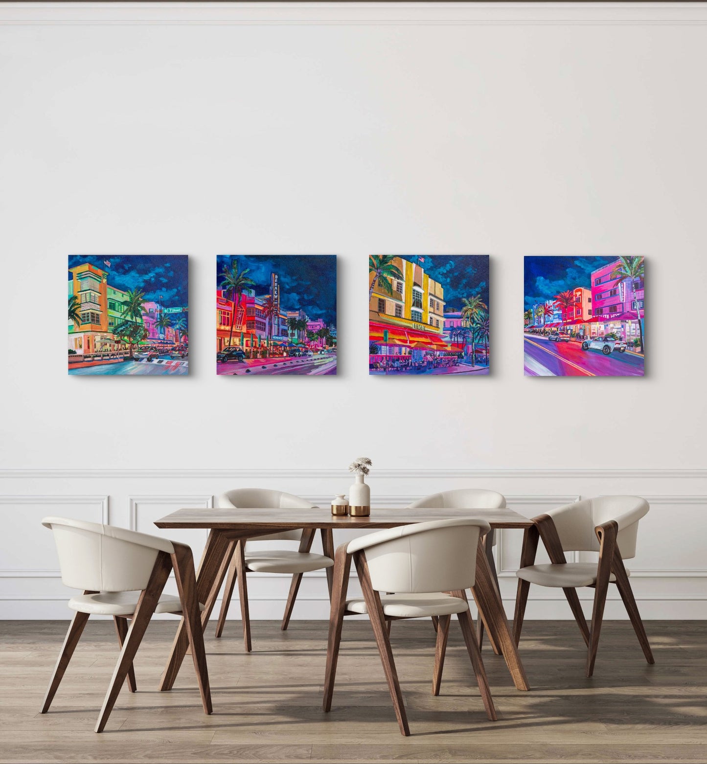 4 vibrant square acrylic paintings of nightlife street scenes of iconic South Beach Ocean Drive Miami Florida.