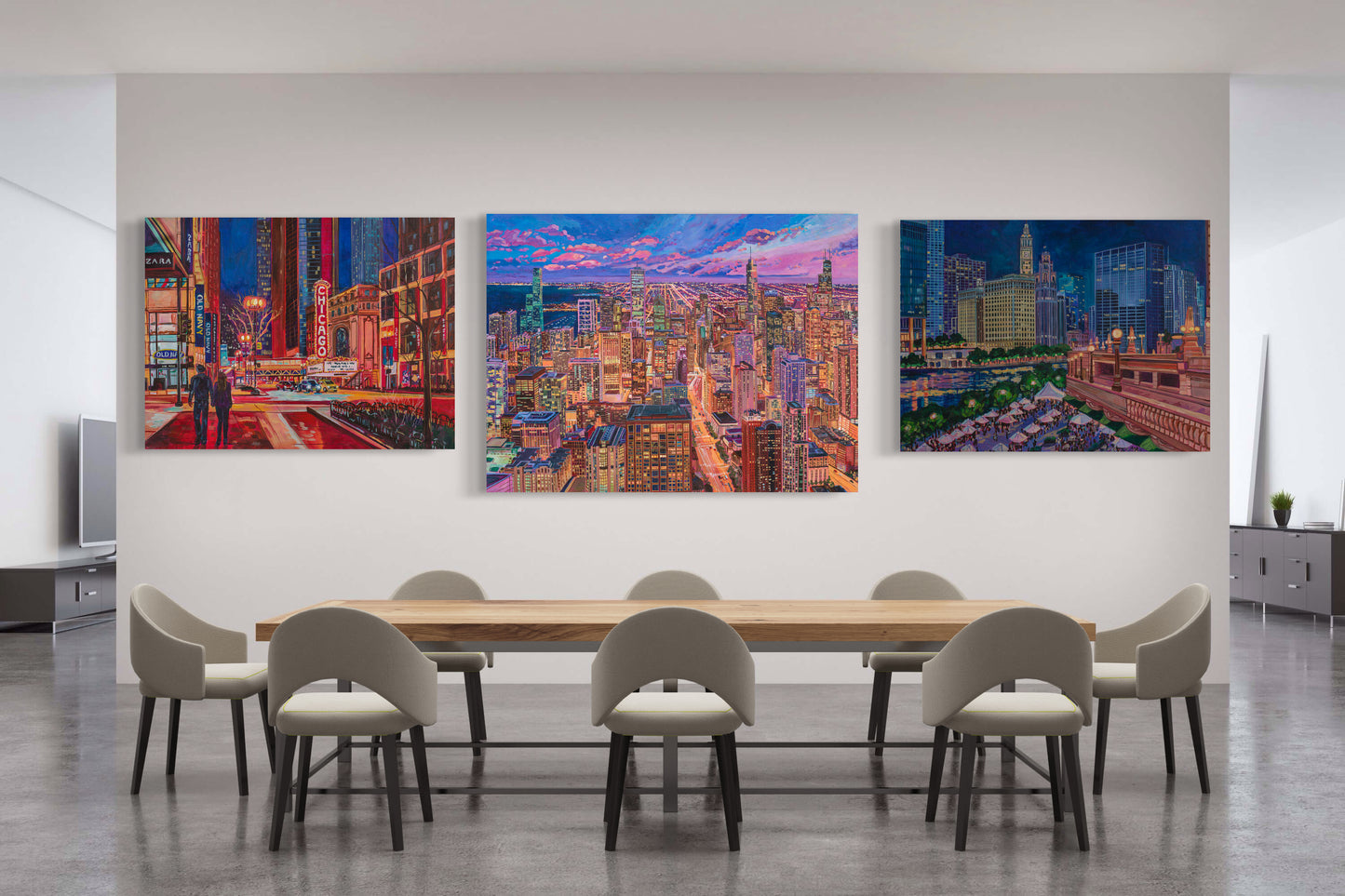 3 large chicago night scene paintings in modern dining room