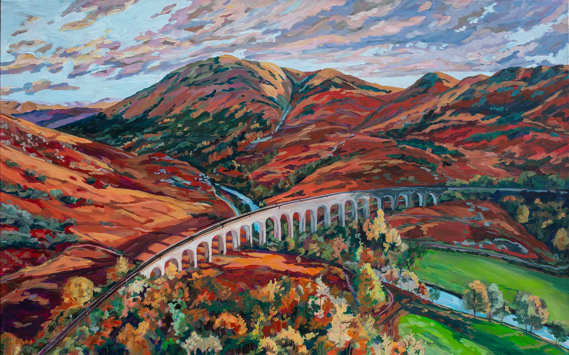 original modern impressionist acrylic painting "Autumn in Scotland, Glenfinnan Viaduct" showing the iconic arched railway bridge and stream amidst rolling mountains 