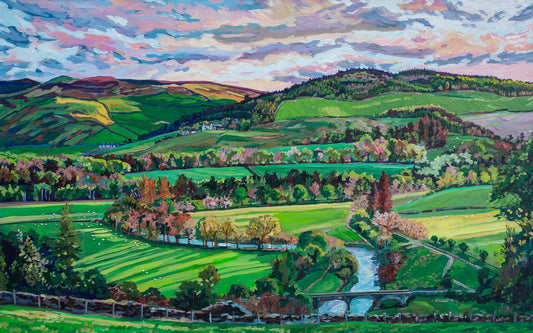 Rolling Farmland, Pebbles-Scotland painting modern vibrant impressionist landscape with greens, fields separated by tree lines, a stream running through, rolling hills rising, dramatic lighting near the end of the day, sunlight hitting spots making it glow with color. idealized beauty.