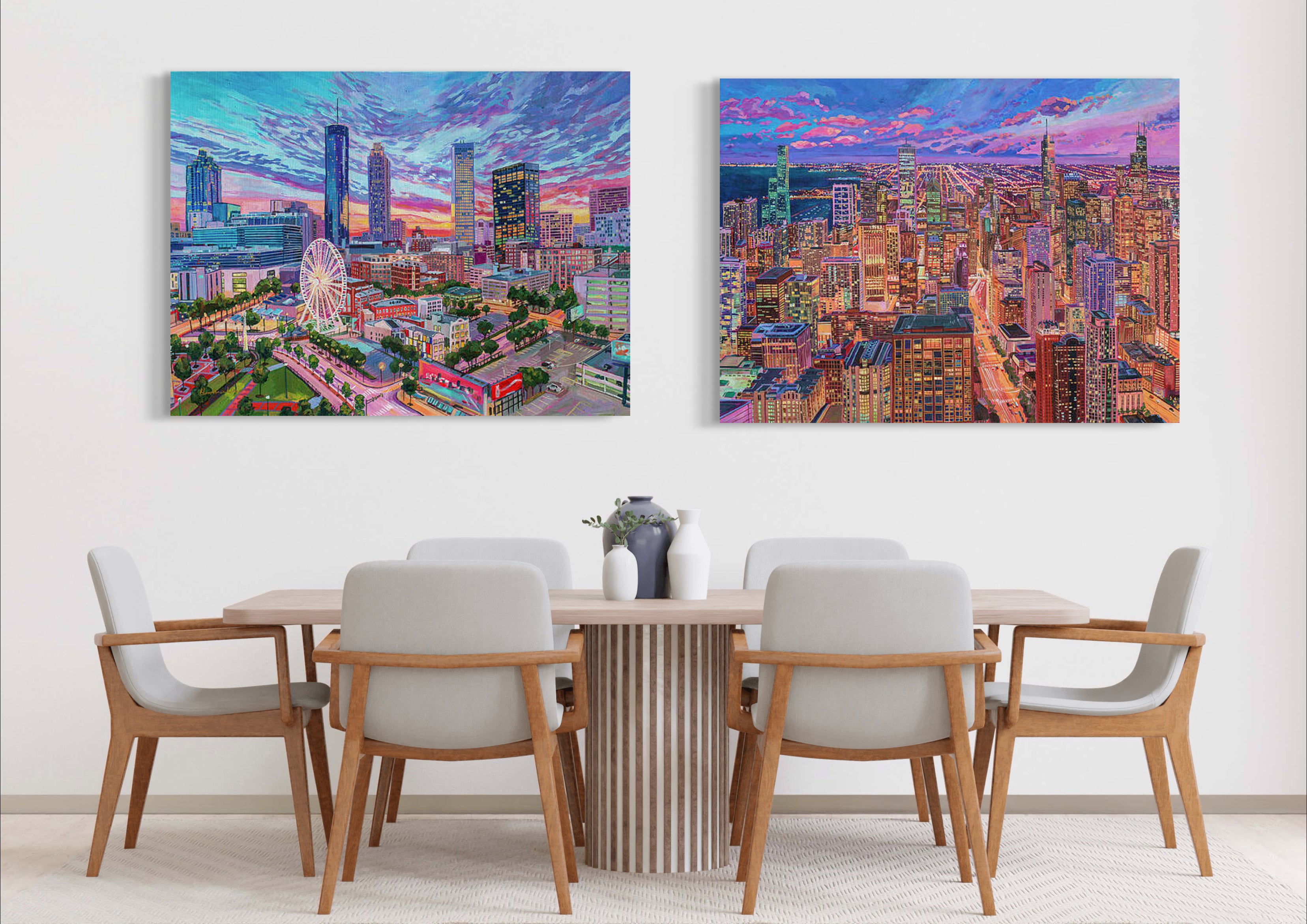 Two large cityscapes of Atlanta and Chicago on a dining room wall