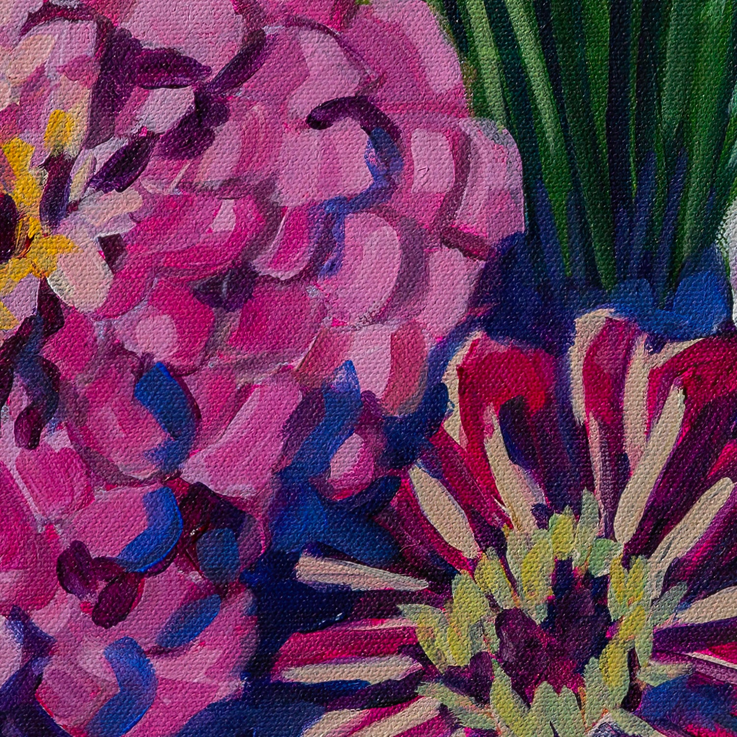 zoomed in view of painting showing brushwork and multiple colors of each flowers with purple shadows.