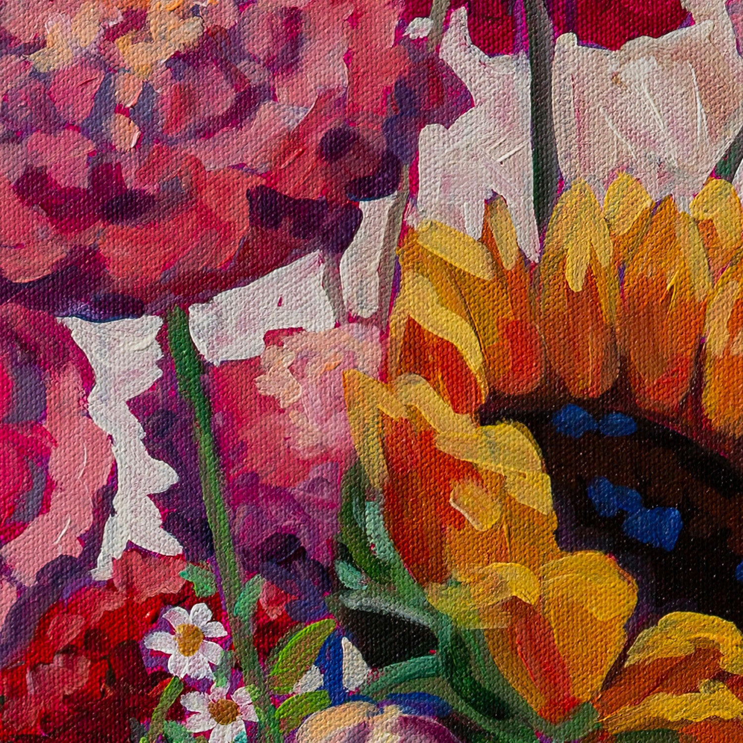 zoomed in view showing brushstrokes and color details of flower painting