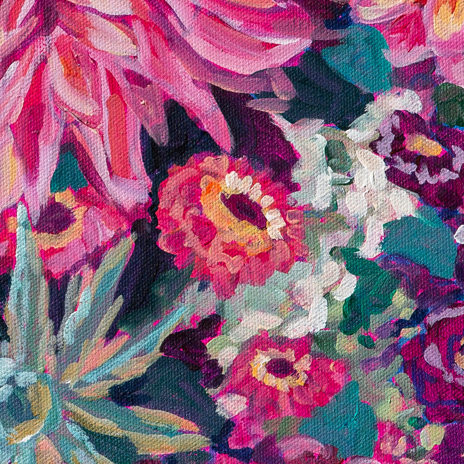 zoom in of painting showing brush strokes and detail of flowers.