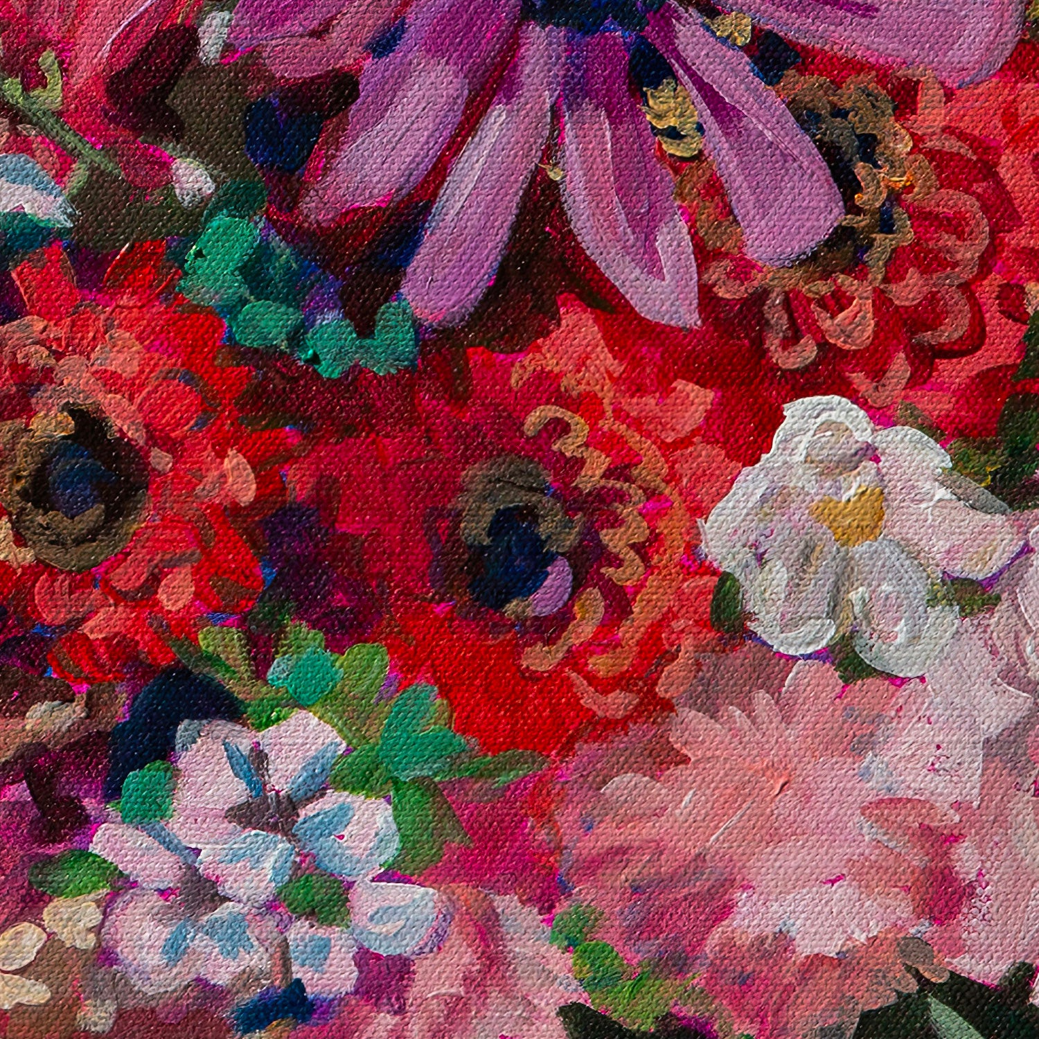 zoom in on painting to show brushwork and vibrant colors used in the floral still life.