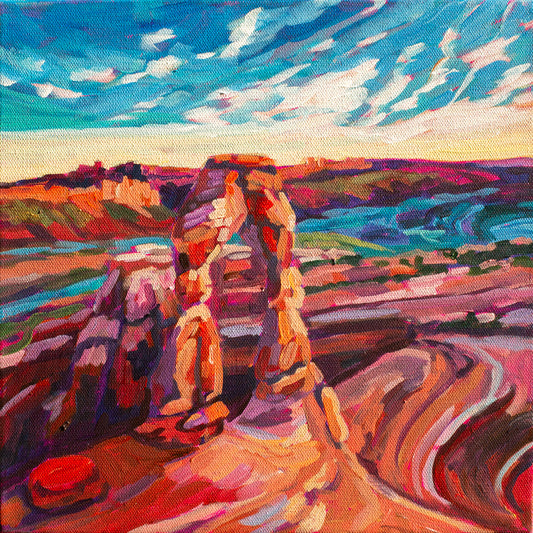 Arches National Park painting of the famous iconic delicate arch with dramatic expressive vibrant color