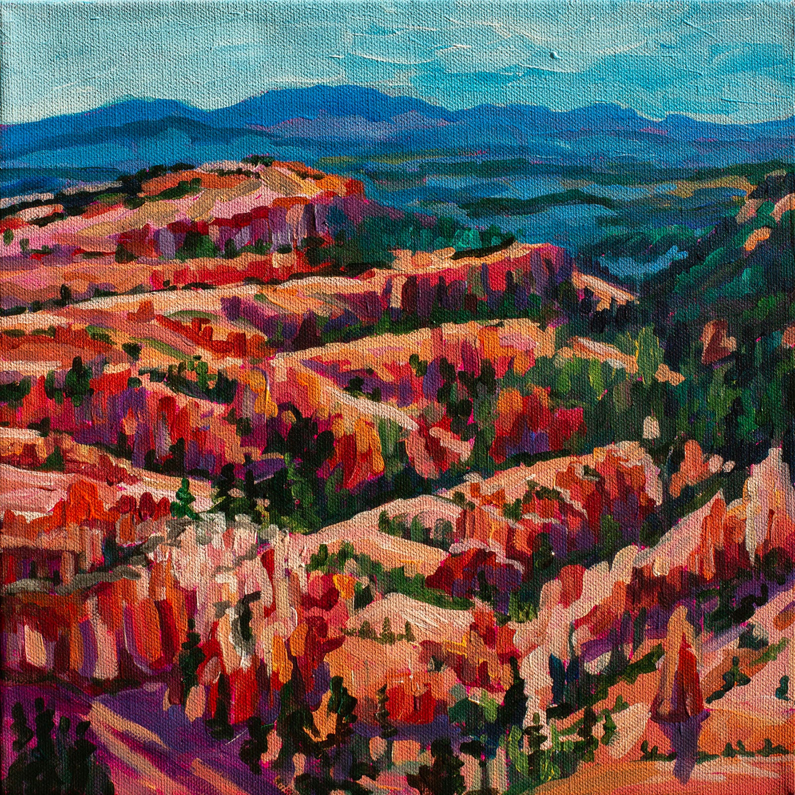 Modern vibrant acrylic landscape painting by artist Heather Nagy of Bryce Canyon National Park with hoodoos.