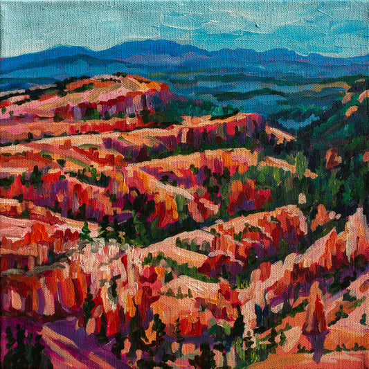 Modern vibrant acrylic landscape painting by artist Heather Nagy of Bryce Canyon National Park with hoodoos.