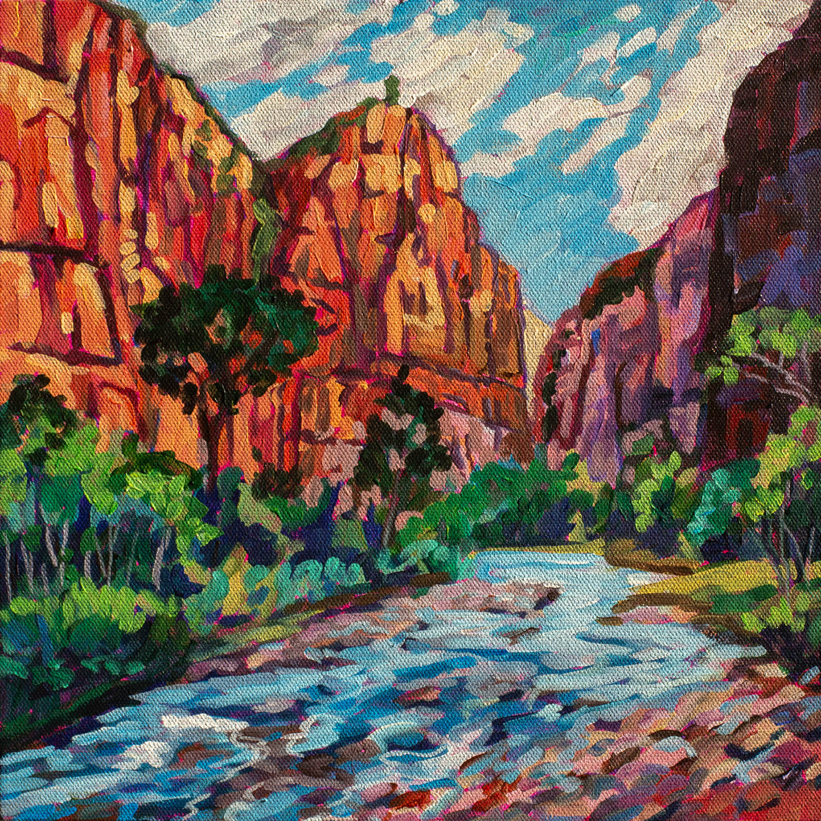 Modern vibrant acrylic landscape painting by artist Heather Nagy of Zion National Park and the hike along the virgin river.