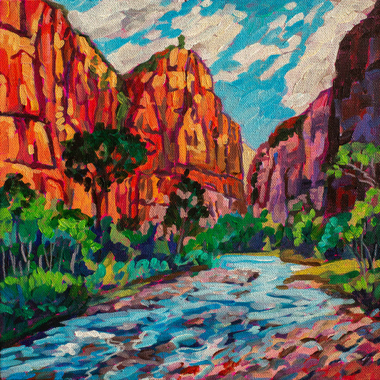 Modern vibrant acrylic landscape painting by artist Heather Nagy of Zion National Park and the hike along the virgin river.