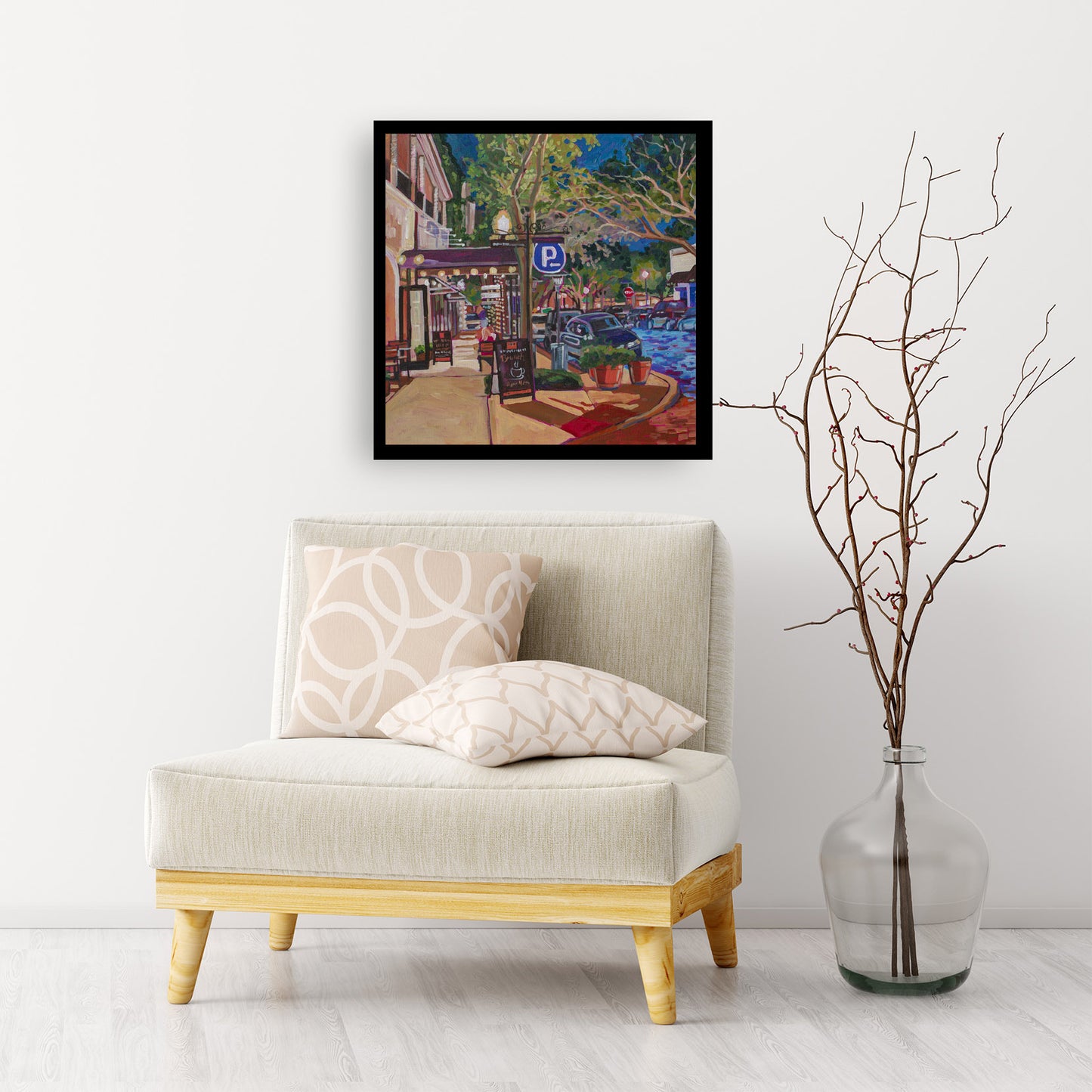 Product shot of painting with chair for size reference, Winter Park Nightlife 6 painting 20x20 inches vibrant street scene with dramatic light on tree lined street at night