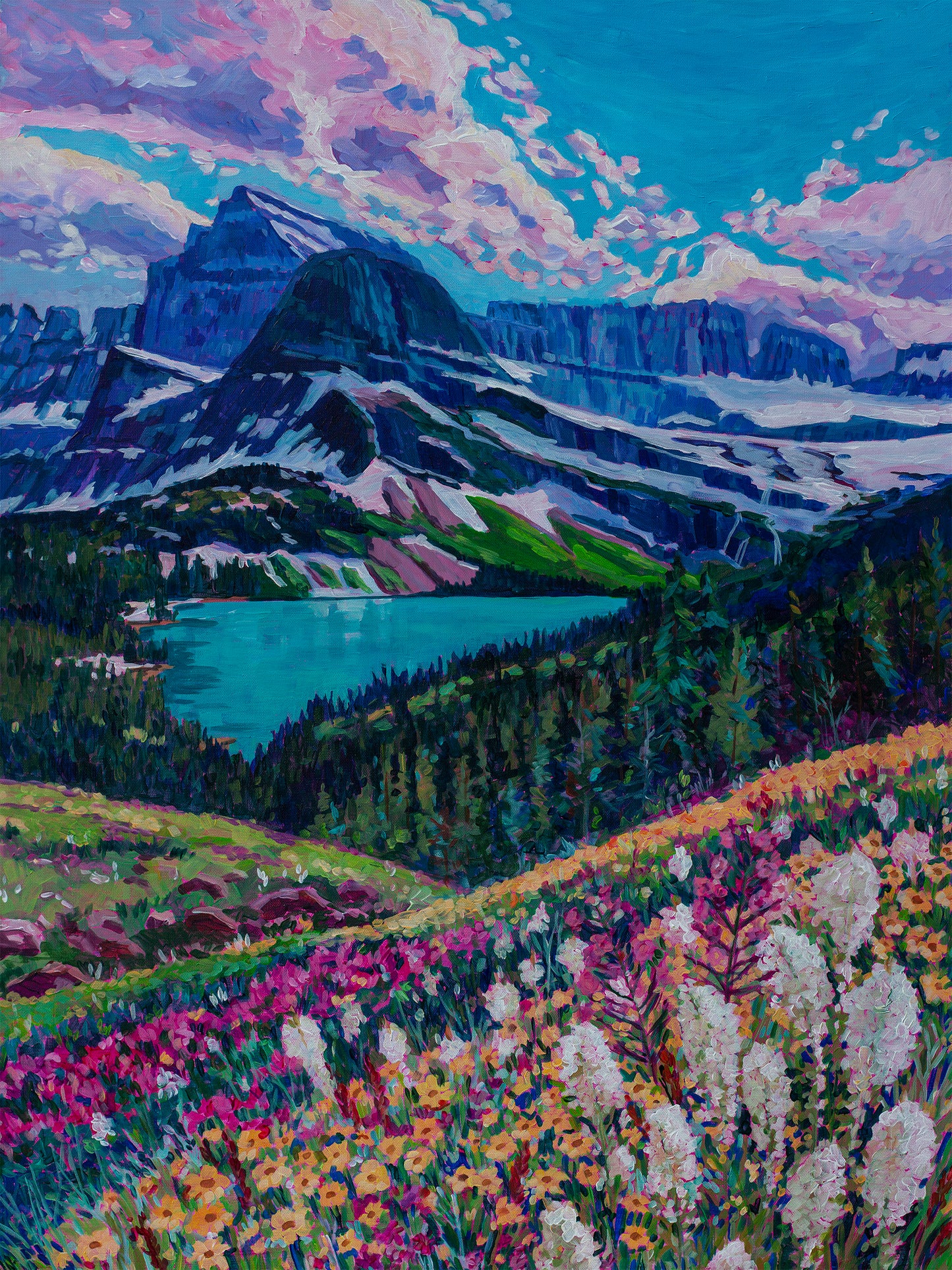 painting of Glacier National Park with flowers
