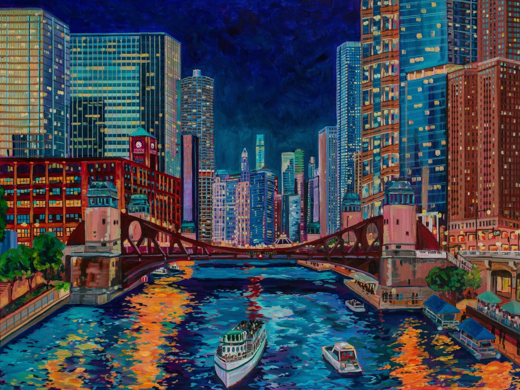 chicago river at night at la salle street bridge