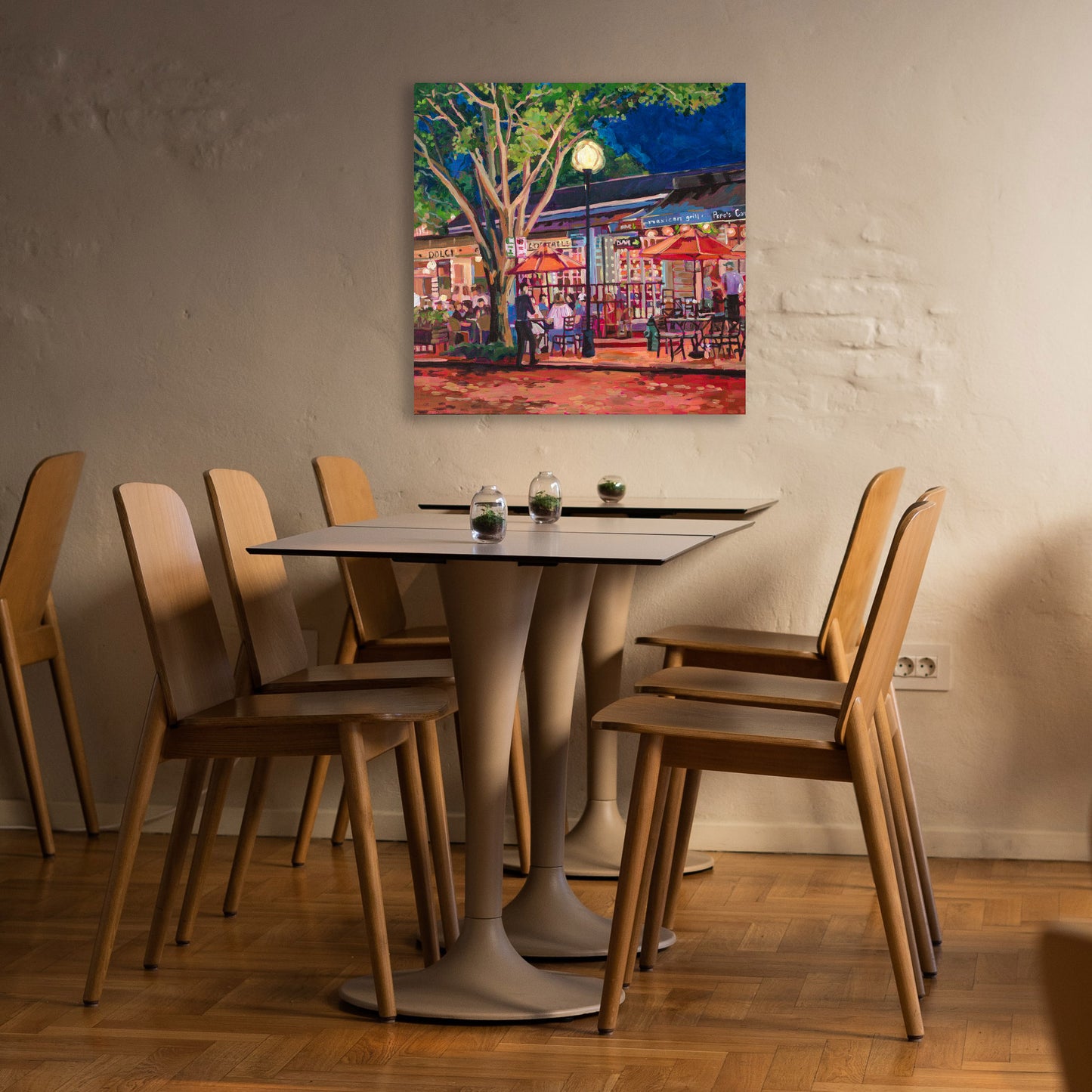 Painting hung on wall at restaurant with tables: Vibrant nightscene painting of outdoor cafe with tables and trees dramatic lighting, Winter Park Nightlife scene 3, umbrellas and tables and tree