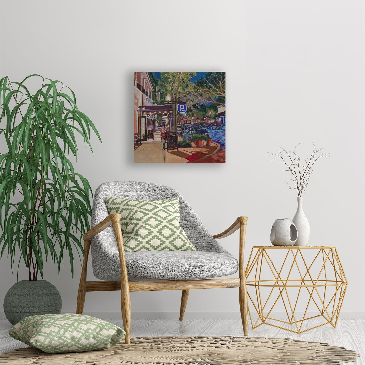 Product shot living room with painting: Winter Park Nightlife 6 painting 20x20 inches vibrant street scene with dramatic light on tree lined street at night