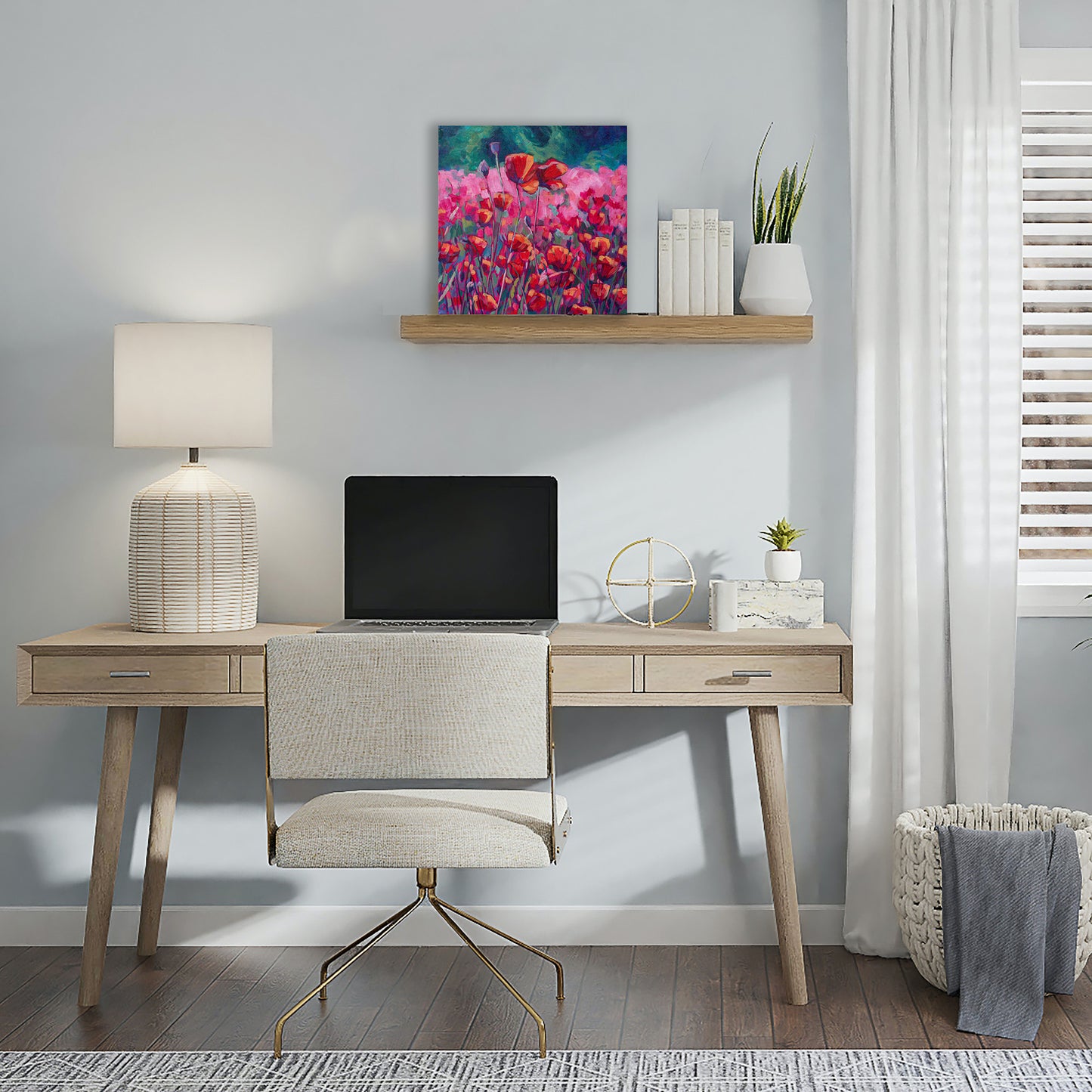 Poppy painting in neutral home office