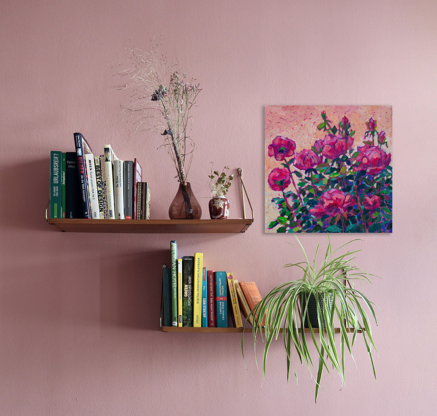 Rose floral painting with bookshelves on wall