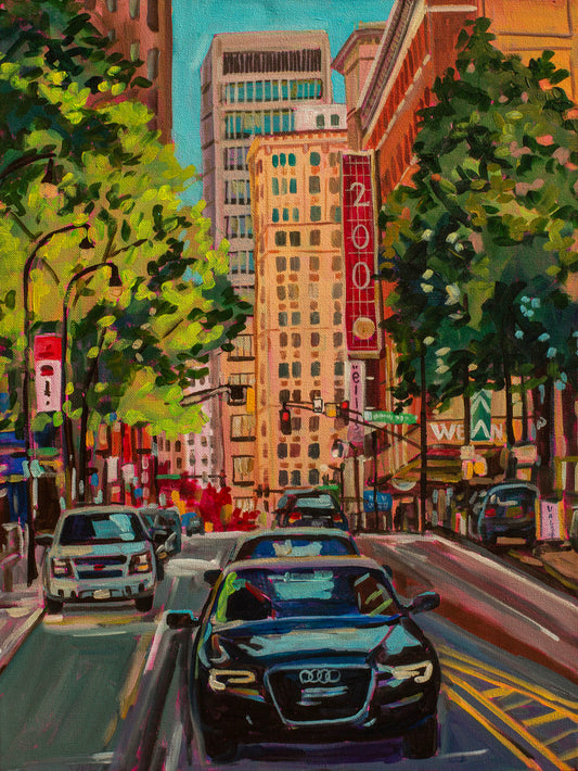 An acrylic painting depicting a vibrant downtown Atlanta street scene on Peachtree Street, featuring vehicles, trees, and buildings with a bold red '200' sign.