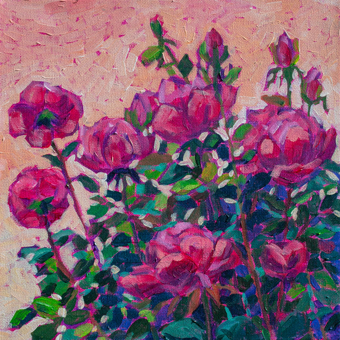 floral painting with loose brush stokes of magenta roses with a salmon sky