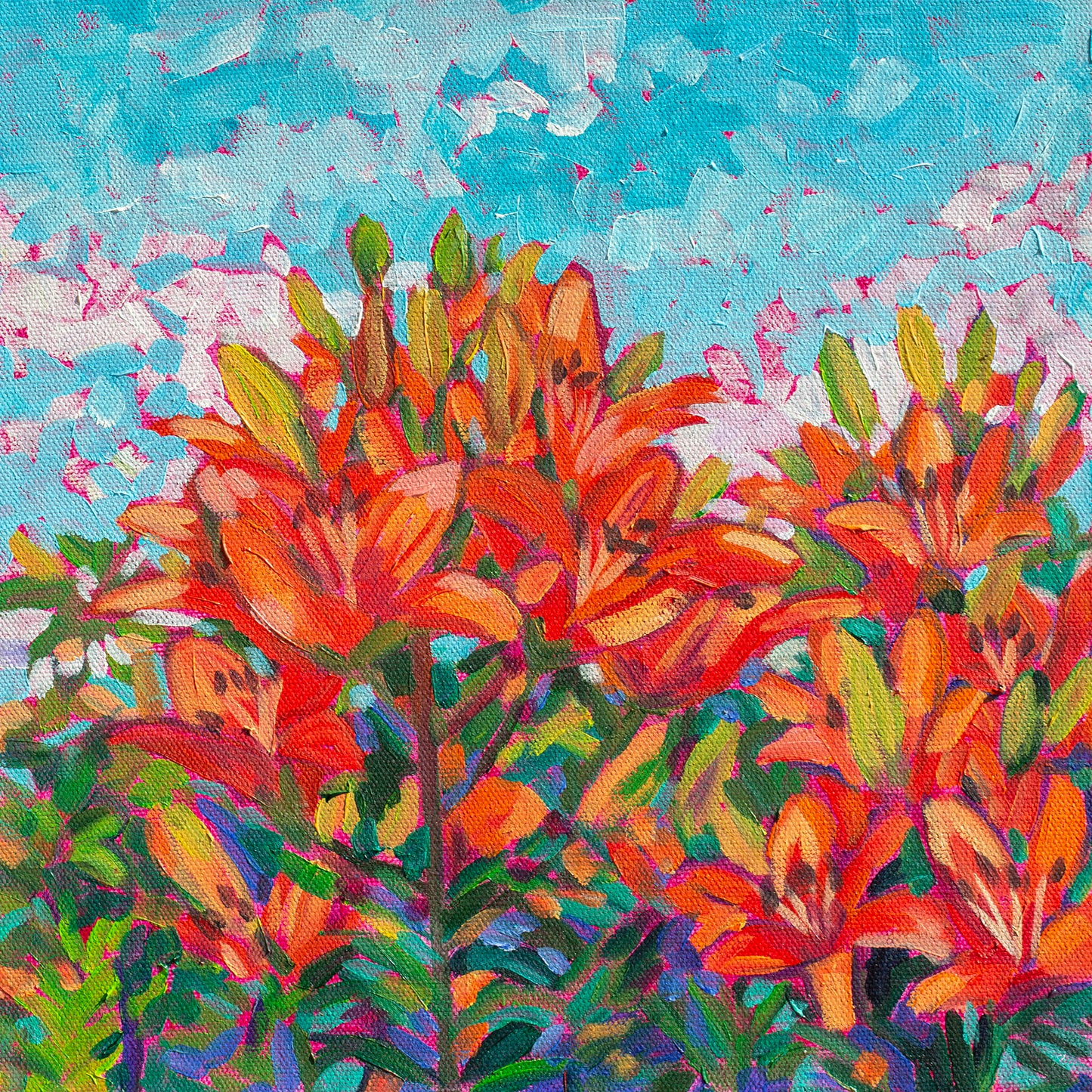 impressionist floral painting of orange tiger lilies