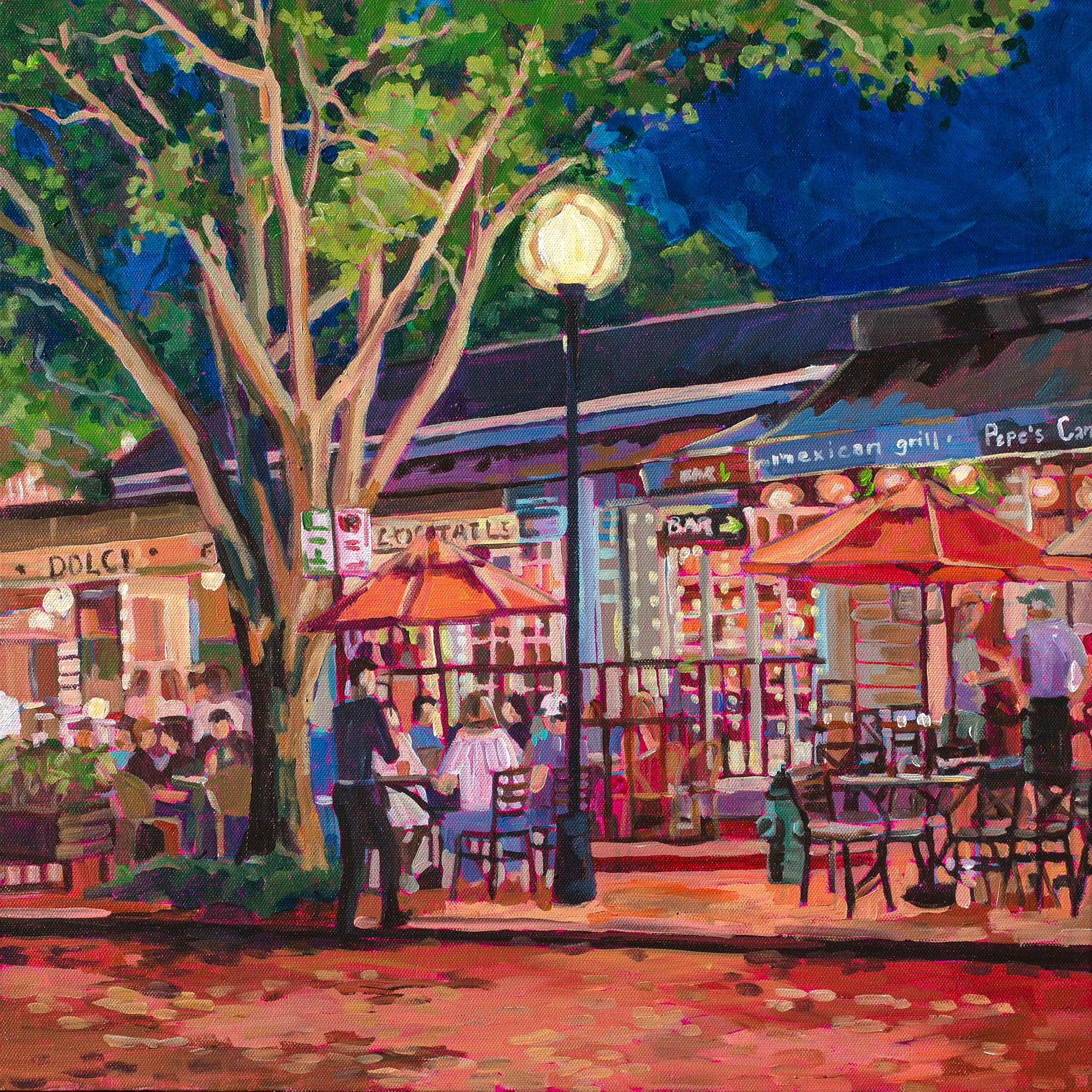 Vibrant nightscene painting of outdoor cafe with tables and trees dramatic lighting, Winter Park Nightlife scene 3, umbrellas and tables and tree 