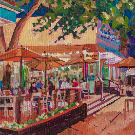 12x12 painting of Winter Park Nightlife 1 showing night scene of outdoor cafe on Morse Ave