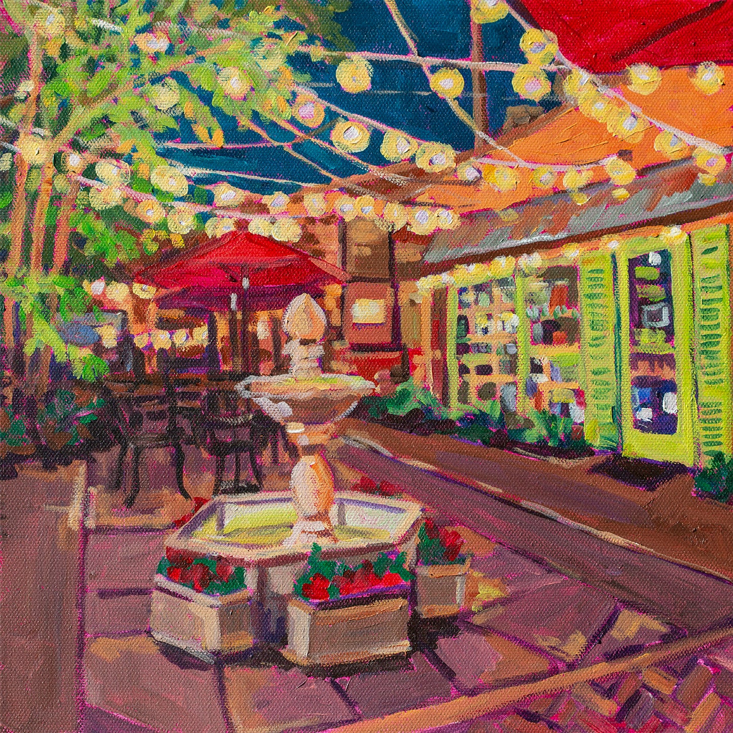 Winter Park Nightlife 2 painting 12x12 vibrant hidden courtyard with strung lights, fountain and tables with umbrellas off Park Ave.