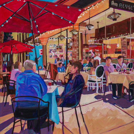 Winter Park Nightlife 5 painting 20x20 inches vibrant  outdoor cafe scene with dramatic light people seated and umbrellas