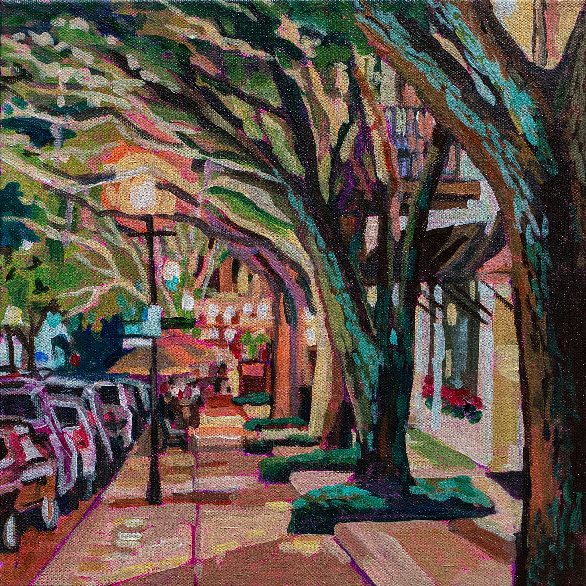 12x12 painting of night scene, dramatic light on treelined street with vibrant colors