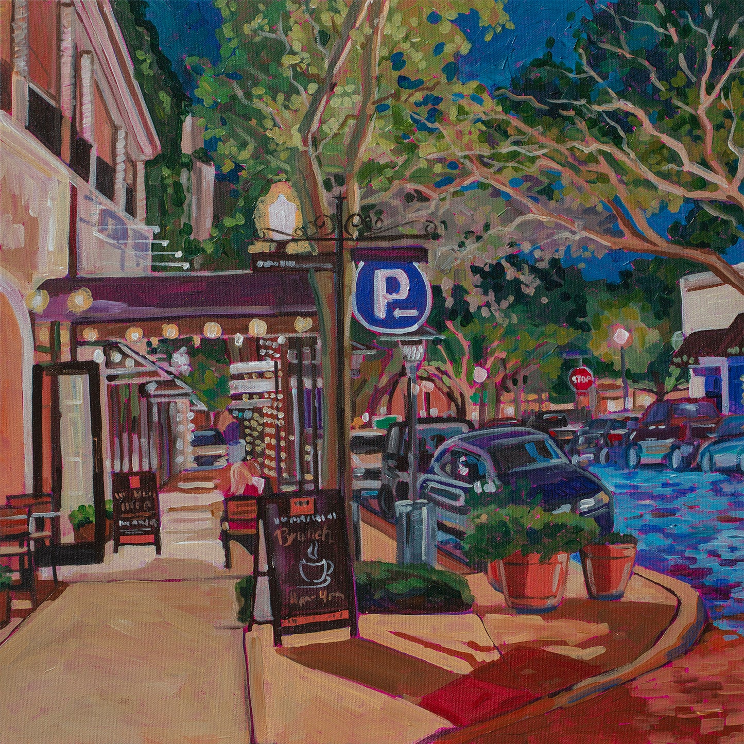 Winter Park Nightlife 6 painting 20x20 inches vibrant street scene with dramatic light on tree lined street at night