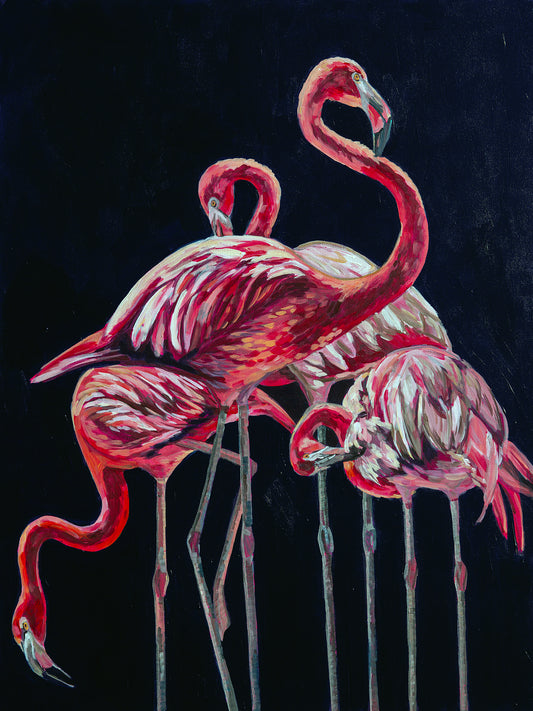 Dramatic painting of 4 vibrant flamingos in shades of pink red and whites against a start dark navy background.