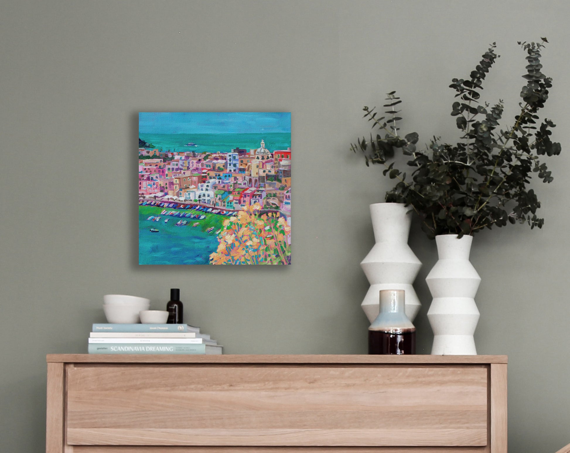 Italian amalfi coast painting with dresser