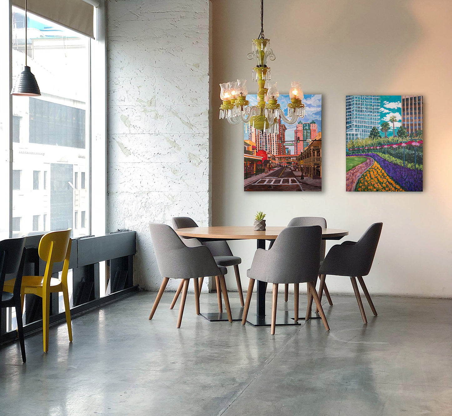 Downtown office building with two Cityscape paintings of downtown Orlando